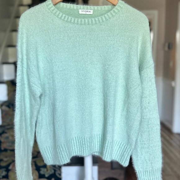 Storia Seafoam Mint Green Mohair Type Crew Neck Boxy Fit Sweater Womens Size Med - Picture 2 of 9